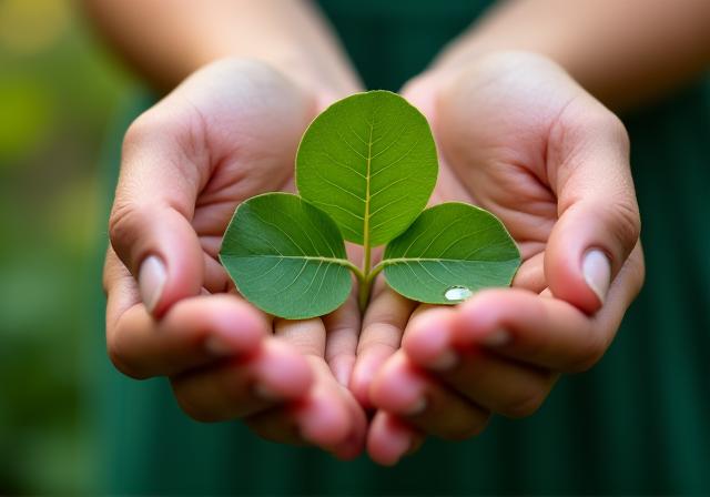Mani che tengono una foglia verde con una goccia d'acqua